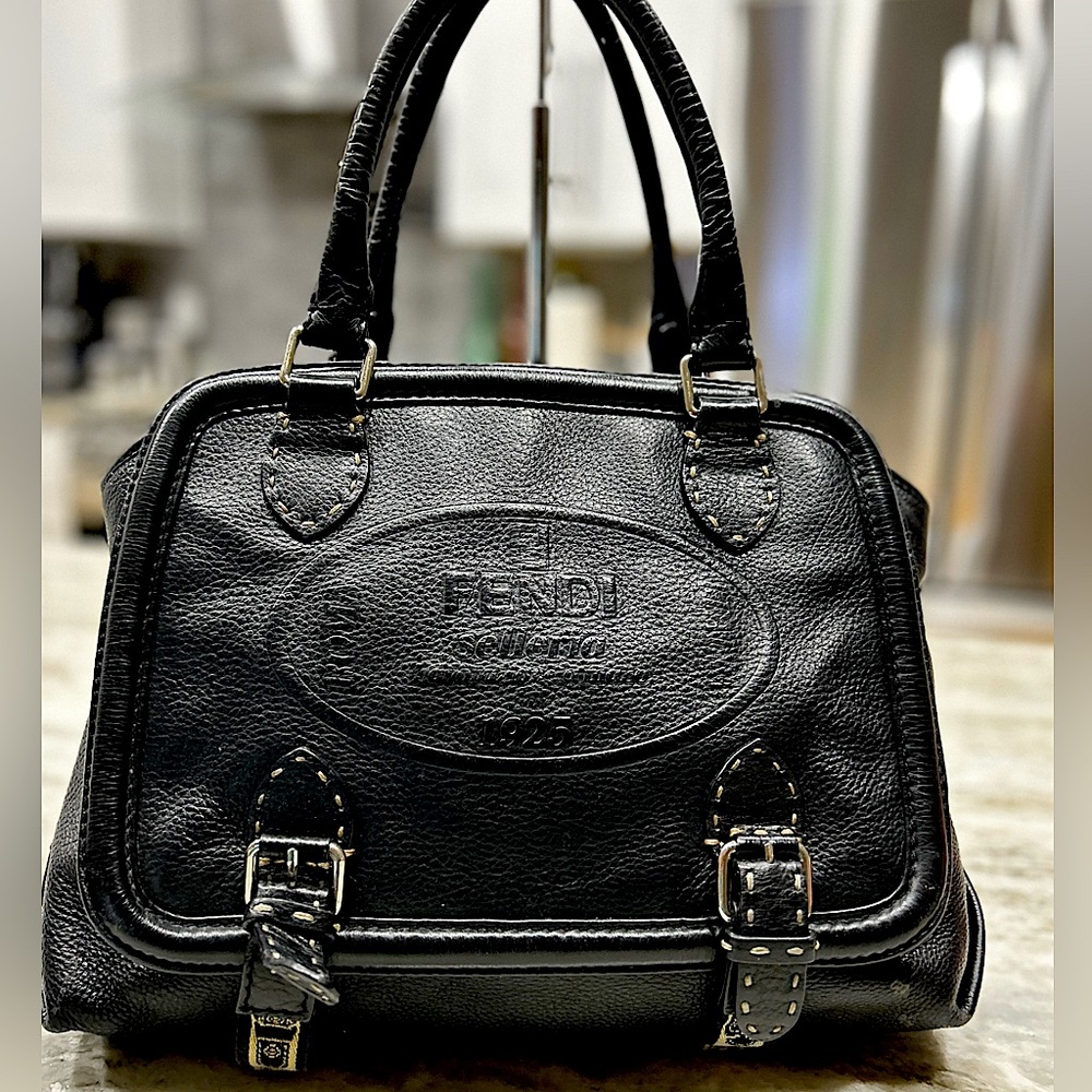Fendi Authentic Black Selleria Leather Top Stitched Handbag